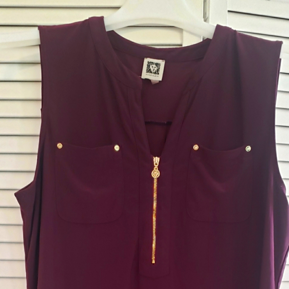 Zip Front Blouse Tank Eggplant Purple Anne Klein Gold Office